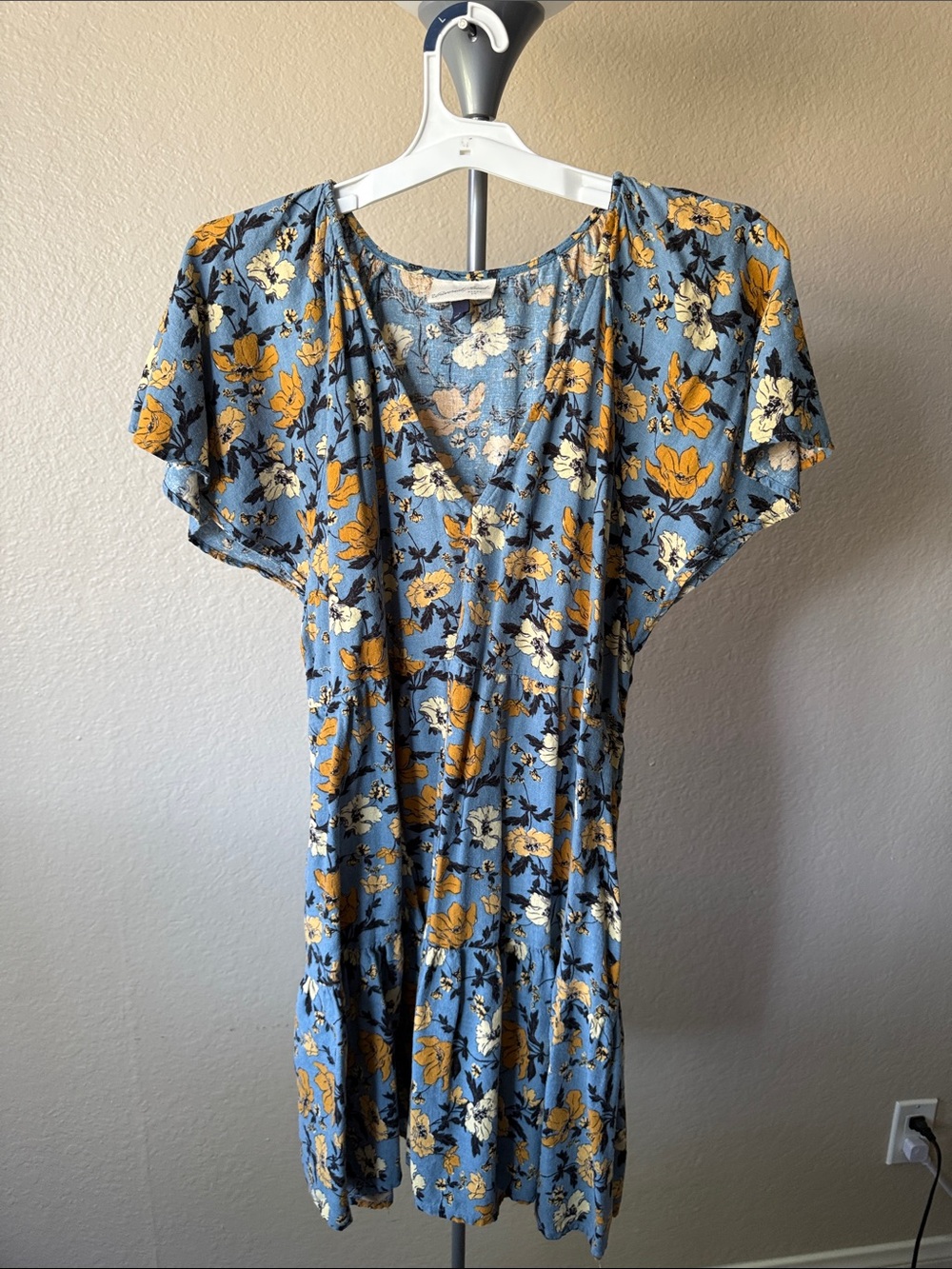 Universal Thread Blue Floral V-Neck Mini Dress with Yellow & Cream Blooms
